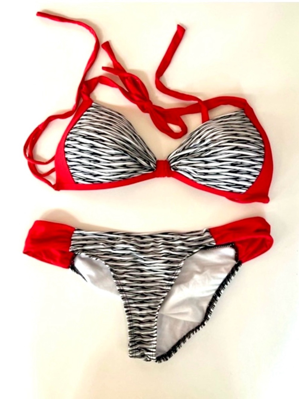 Damsel EUC Red Black White Padded Halter Bikini Set Top L Bottom M